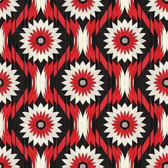Seamless Pattern With Stylized Red, White, And Black Floral/Medallion Motifs And Geometric Elements, Ideal For Textiles Or Digital Backgrounds.