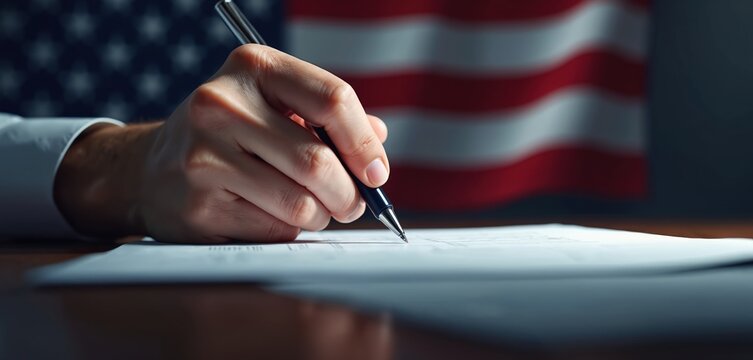 Hand holding ballpoint pen writes on paper with American flag in background. This scene evokes themes of law, government, and national identity, suitable for political or business contexts.