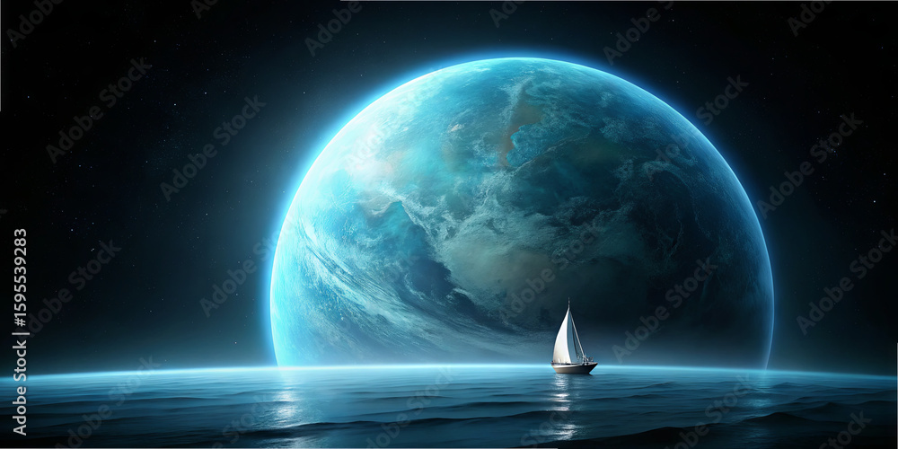 Poster a small sailboat glides smoothly over the calm surface of an otherworldly ocean, illuminated by a ma