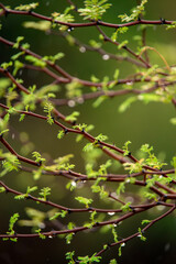 Green leaves in spring and blooming branches of thorny tree