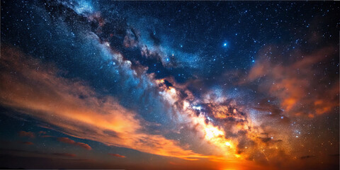 Fototapeta premium A breathtaking view of the Milky Way stretches across the sky, surrounded by colorful clouds at dusk. Stars sparkle brightly against the deep blue and orange hues