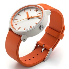 Modern orange wristwatch with white dial isolated on white background