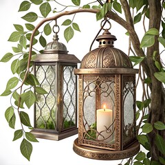 Two ornate vintage lanterns hanging from a tree branch isolated on white background