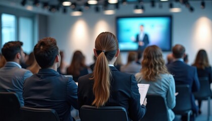 Conference audience engages with speaker presentation in modern corporate venue. Professionals gain insights, foster networking, discuss strategy. Business meeting highlights collaboration, learning,