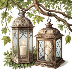 Two ornate antique lanterns hanging from a tree branch isolated on white background