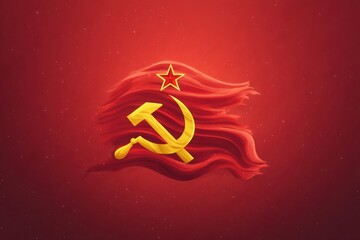 Red flag with golden hammer and sickle symbol, flowing gracefully against a vibrant red background, representing historical ideologies and movements in a dynamic visual style