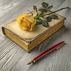 Vintage book with yellow rose and fountain pen isolated on white background