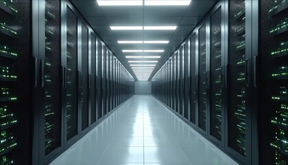 Long, modern server room corridor with rows of tall, dark server racks filled with blinking green lights. Perspective shot emphasizes endless tunnel effect with bright, illuminated ceiling lights