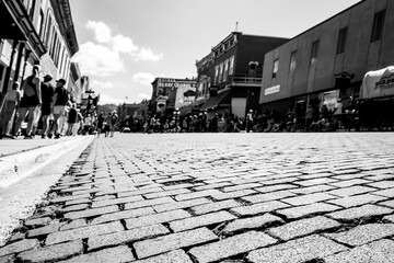 Selective focus on the brick road of historic oldtown Deadwood, South Dakota