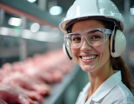 Smiling female worker in protective gear on meat processing factory line. Wears helmet, goggles, earphones. Industrial background with raw meat suggests teamwork, safety, hygiene in food production.