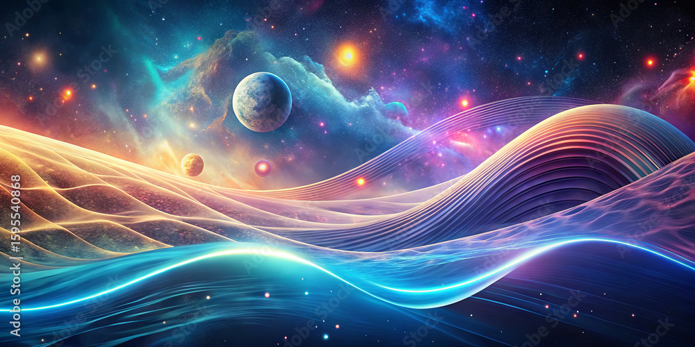 Poster a cosmic landscape features swirling waves of vibrant colors, alongside two planets embedded in a ba