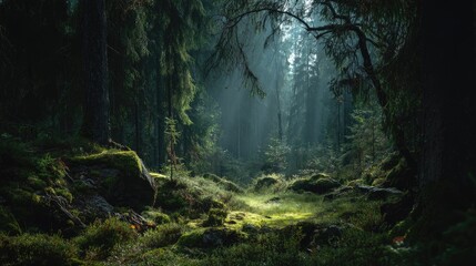 Fototapeta premium Sunlight filtering through a dense forest.