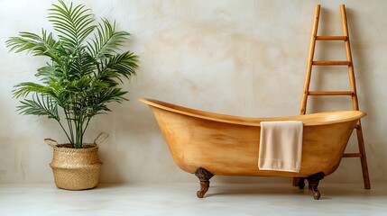 Wooden bathtub with a plant in a decorative basket.