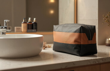 Stylish toiletry bag in black, tan on bathroom counter. Sleek accessory offers compact storage, organization for travel essentials. Featuring modern design, made from durable, hard-wearing material,