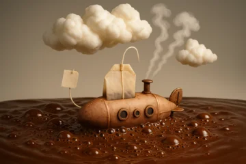 Rolgordijnen zonder boren Landscapes of Mini Teabag Submarine Diving Into a Molten Chocolate Sea © alhaitham