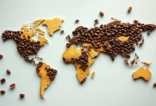World map adorned with coffee beans highlighting major coffee-growing regions,  africa,  honduras