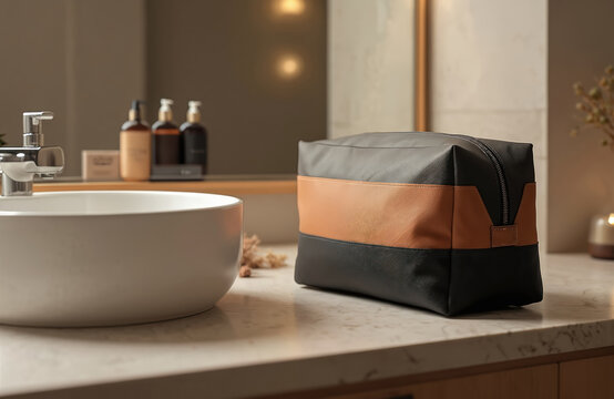 Stylish toiletry bag in black, tan on bathroom counter. Sleek accessory offers compact storage, organization for travel essentials. Featuring modern design, made from durable, hard-wearing material,