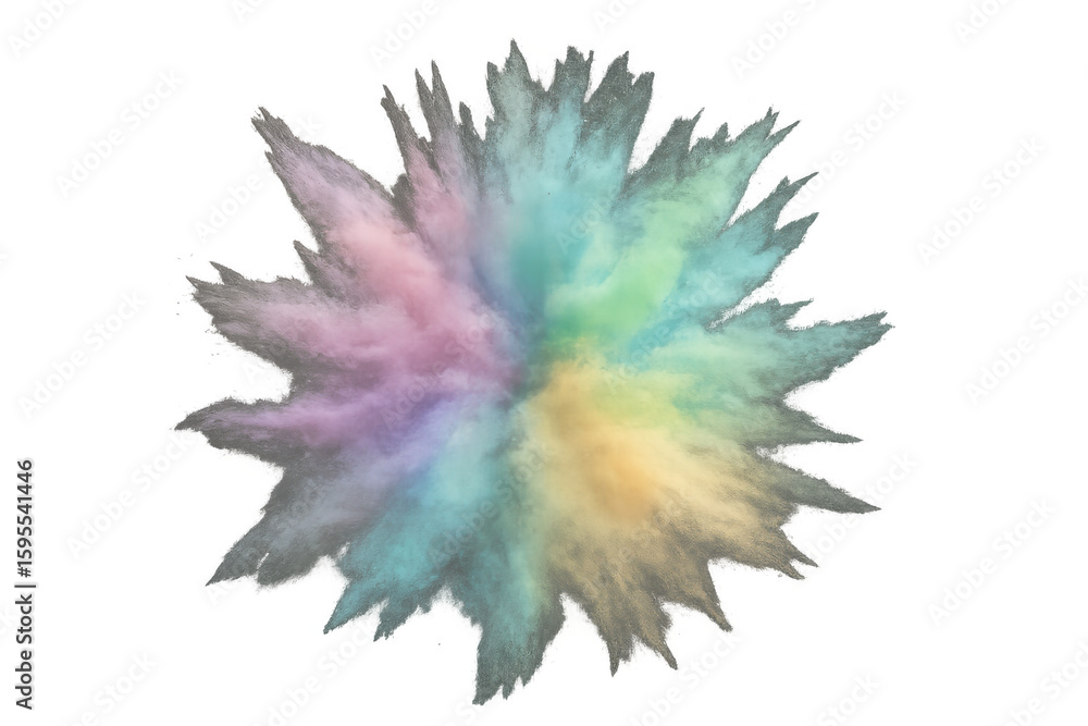 Poster vibrant multicolored powder bursting into star pattern, creating dynamic visual effect against trans