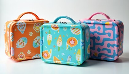Three colorful patterned lunchboxes, orange, turquoise, pink, sit on white background. Box features unique graphic print, fabric handle with zip closure. Perfect for school lunches small item
