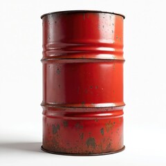 Rusty red industrial drum container with aged metal texture isolated on white background. Worn, rust-eaten steel barrel evokes grunge, vintage vibes, suitable for storage, transport, hazardous waste