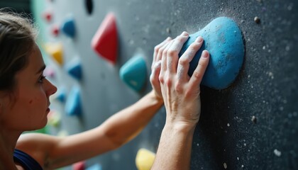 Young woman climber grips blue hold on colorful bouldering wall. Chalked hands, focused expression. Indoor gym environment with climbing holds and equipment.
