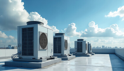 Air conditioning units on modern building rooftop under cloudy blue sky. Industrial cooling systems feature ventilation, compressor technology, essential for climate control in urban, commercial
