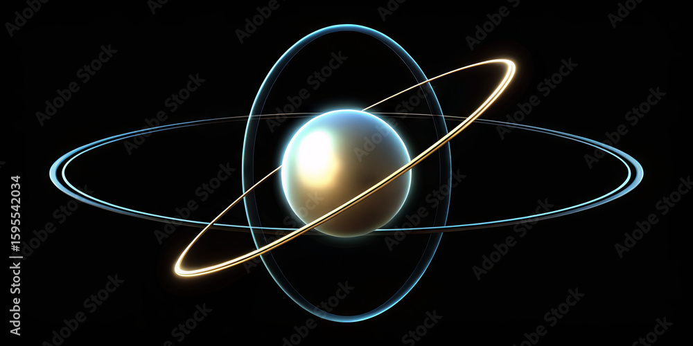 Poster a glowing planet with a reflective surface is encircled by vibrant rings and translucent orbits, set