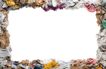 Trash border frame with wrinkled packaging and garbage, isolated on transparent cutout background