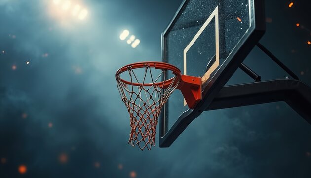 Dramatic basketball hoop with sparks and smoke in dark blue tones. Intense sports action photography captures energy, power, dynamic movement on court. Abstract background texture with lighting. - Powered by Adobe
