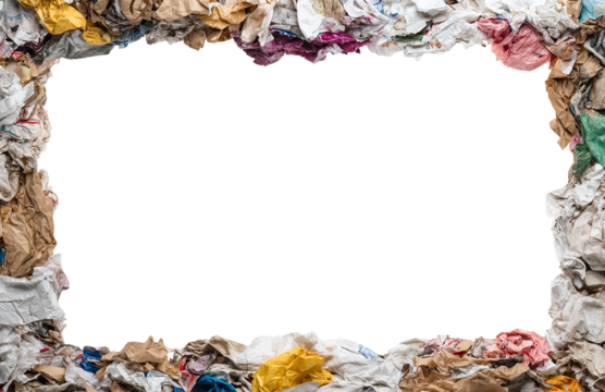 Trash border frame with wrinkled packaging and garbage, isolated on transparent cutout background