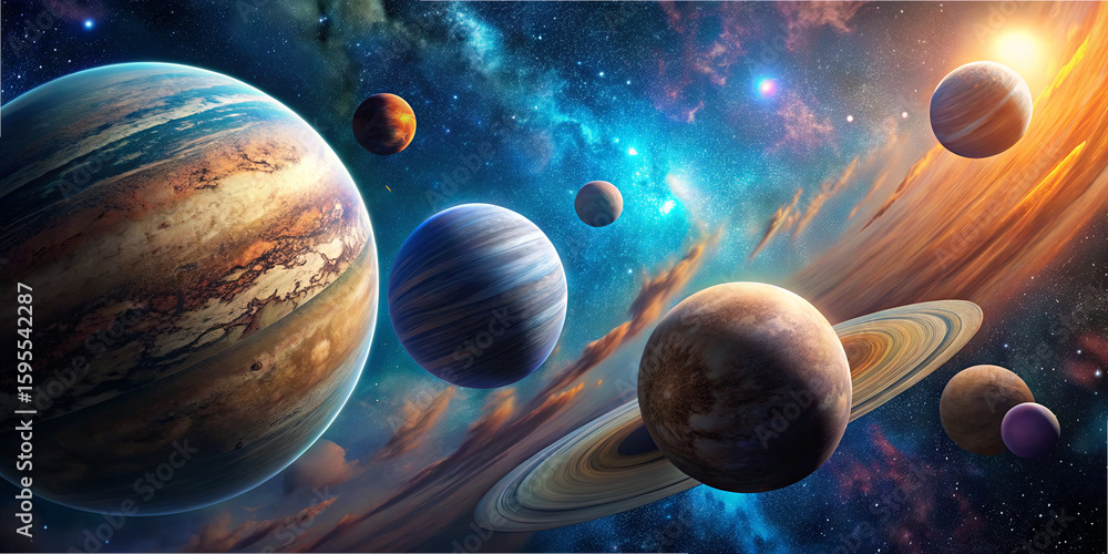 Poster a detailed view of various planets orbiting in a stunning cosmic environment filled with colorful ne