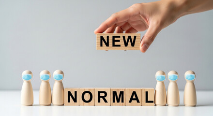 New Normal after COVID-19: Wooden mannequin with face mask and wooden blocks spelling change and disruption
