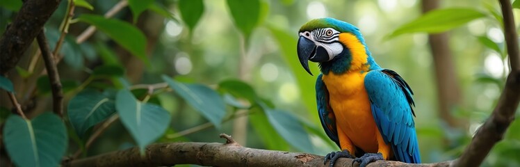 Vibrant blue, yellow macaw parrot rests on tree branch in green tropical foliage. Striking bird vivid plumage, powerful beak, set against soft, blurred background of jungle leaves, sunlight. Symbol