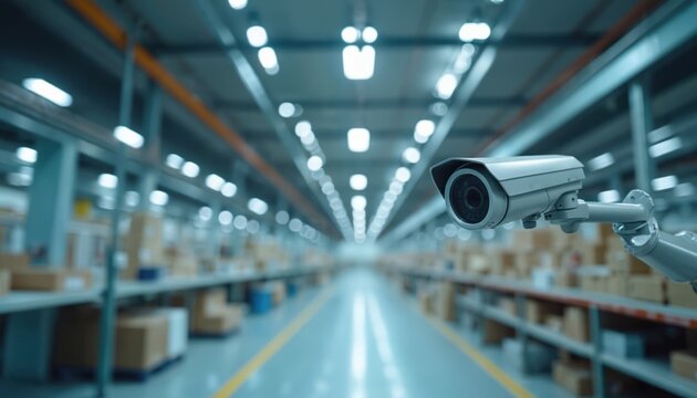 Industrial warehouse security camera monitors operations. High-tech CCTV system in factory interior, observing production lines, machinery, inventory storage. Focus on safety, protection, operational