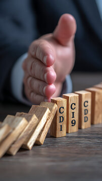 A hand stopping a series of wooden blocks with cdi and cdd labels illustrating the concept of prevention and control