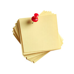 Stack of yellow sticky notes with red pin, isolated on transparent cutout background