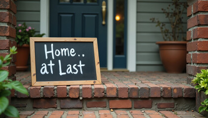Home.. at last sign on brick steps
