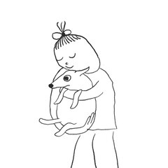 Minimalistic line art illustration of a dog hugging