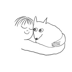 Minimalistic line art illustration of a dog hugging