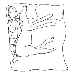 Minimalist Line Art of a Dog Sleeping in Bed with Owner