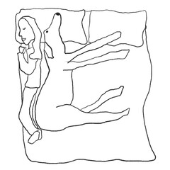 Minimalist Line Art of a Dog Sleeping in Bed with Owner