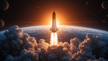 Obraz premium A rocket ascends into the starry sky at sunrise, leaving a trail of smoke and fire as it breaks through the atmosphere, revealing distant planets and the Earth below
