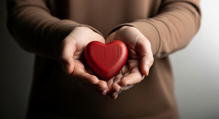 Red heart in male hands, symbol of care for World Heart Day, mental health awareness, and love