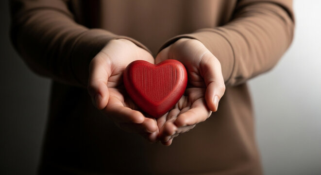 Red heart in male hands, symbol of care for World Heart Day, mental health awareness, and love