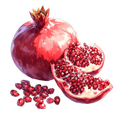 Isolated background image, water colour pomegranate and peeled pomegranate seeds, transparent background PNG	