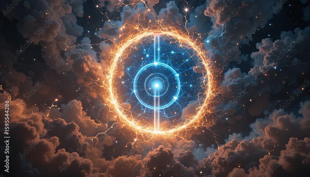 Poster a mesmerizing circular pattern of glowing energy is surrounded by dynamic clouds and a starry sky. t