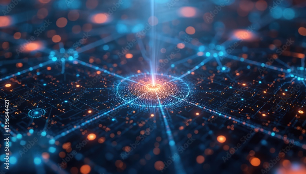 Poster abstract visualization of complex digital network. blue, orange lights form futuristic circuitry pat
