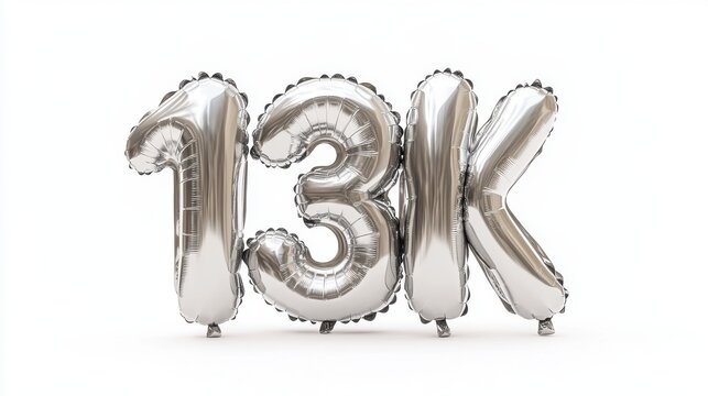 Silver 13k balloons celebrating milestone achievement on white background