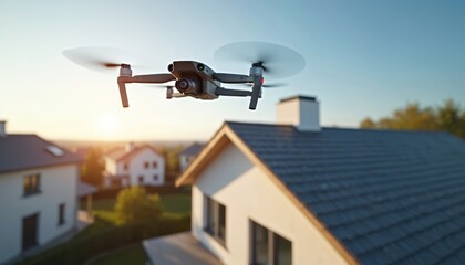 Naklejka premium Modern drone flies over residential houses during aerial inspection at sunset. Technology for real estate property assessment. Quadcopter captures images of roofs, surroundings for home development,