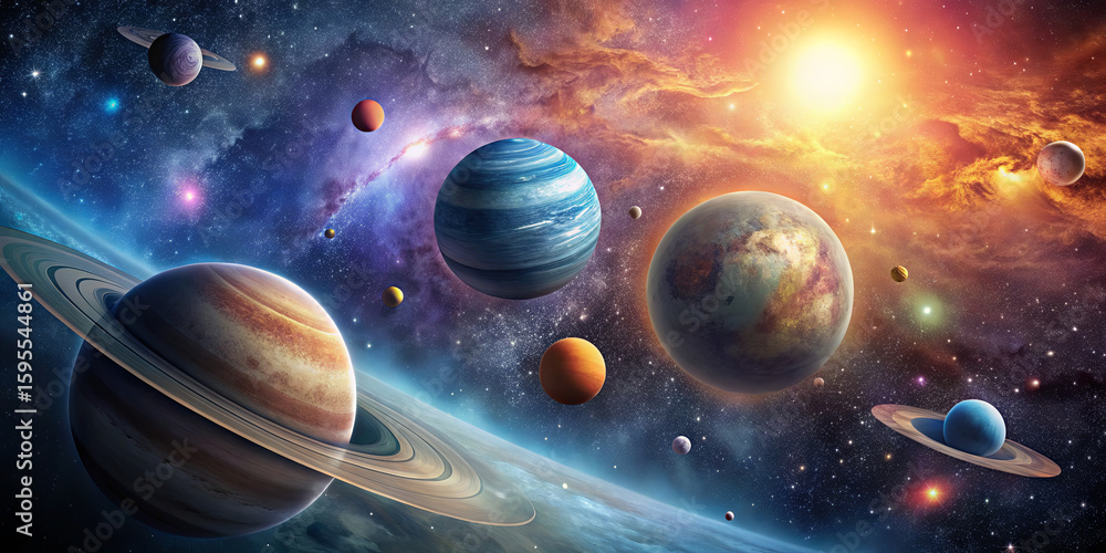 Poster a mesmerizing composition of various planets in the solar system showcasing unique colors and textur